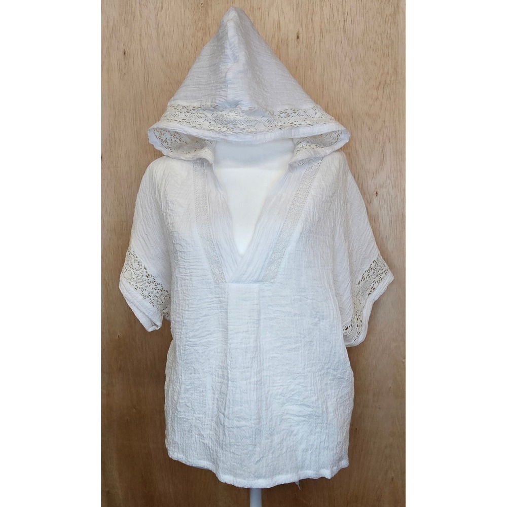 Millibon USA White Short Sleeve V-Neck With Hood Crochet Lace Detail‎ Size Small - Picture 3 of 8